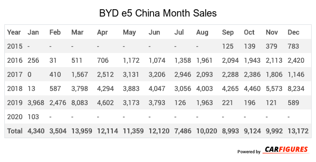 BYD e5 Month Sales Table