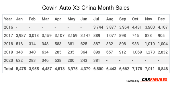 Cowin Auto X3 Month Sales Table