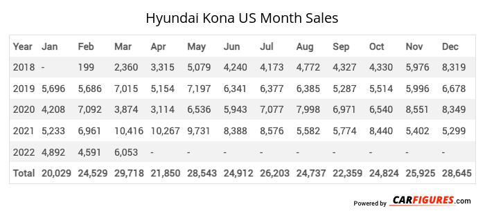 Hyundai Kona Month Sales Table